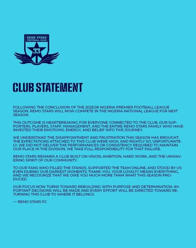 Remo Stars mengeluarkan pernyataan pertama setelah degradasi NPFL